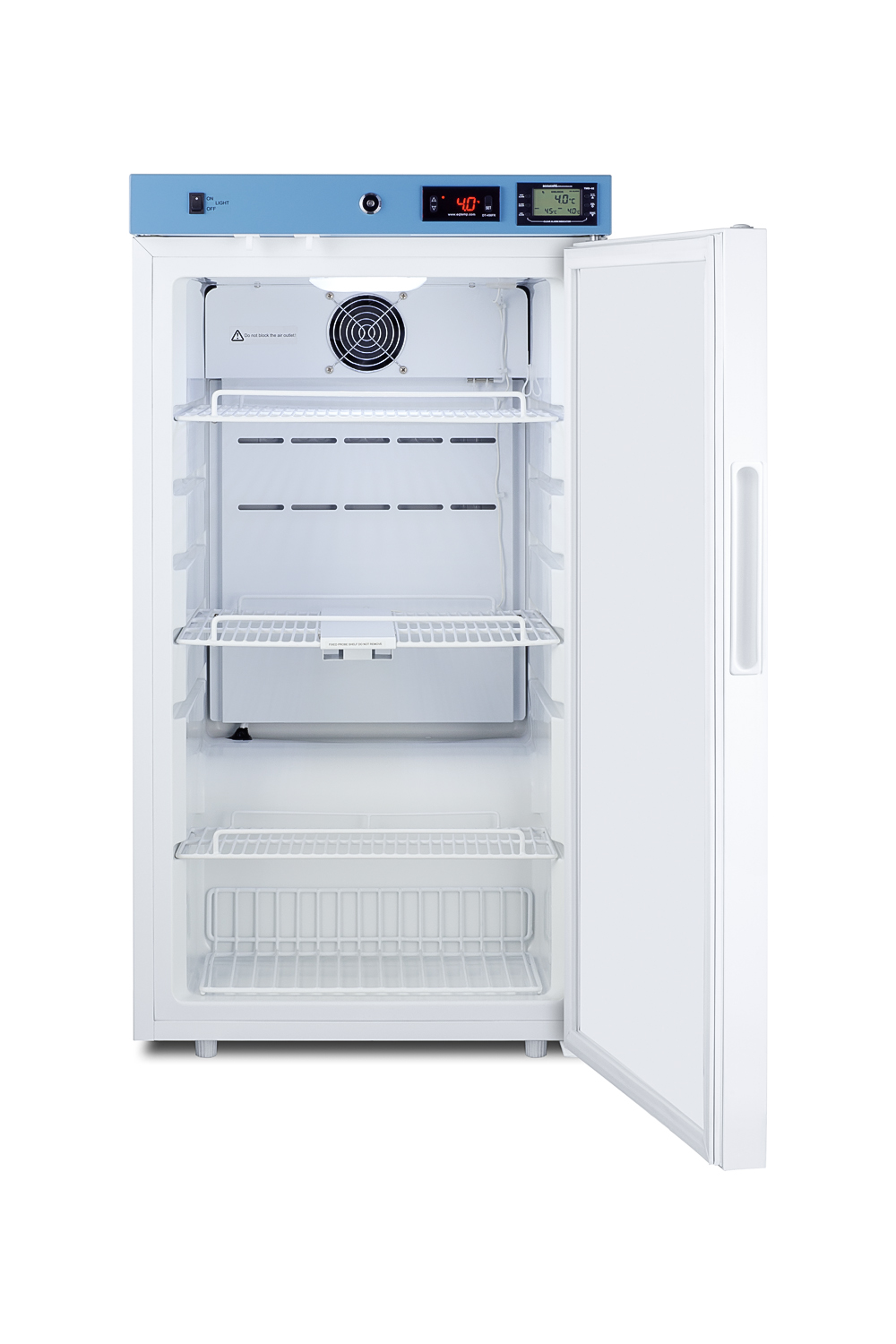 Healthcare all-refrigerator with self-closing solid door, front lock, digital controls, and external temperature readout